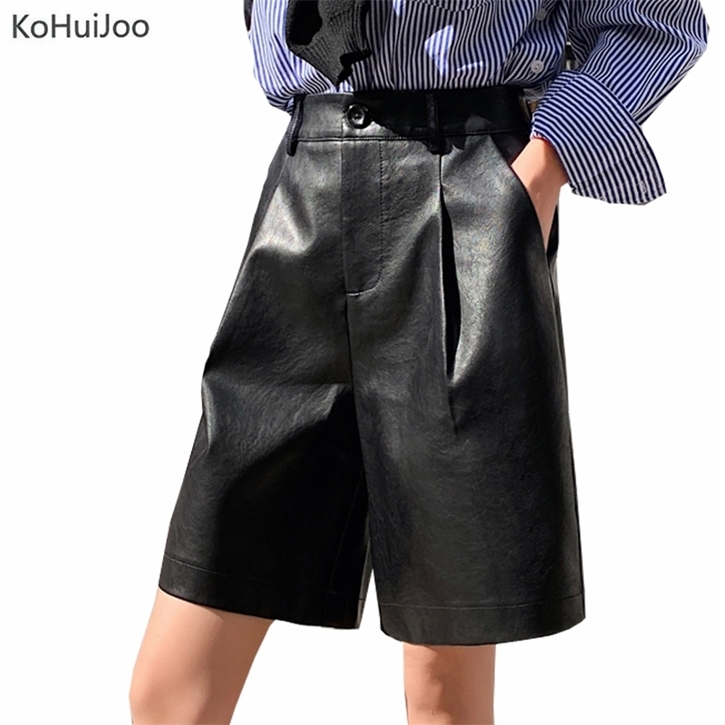 

Kohuijoo Ladies PU Leather Shorts Autumn Plus Size Elastic Waist Loose Casual Straight Knee Length Faux Leather Short Y200403, Khaki