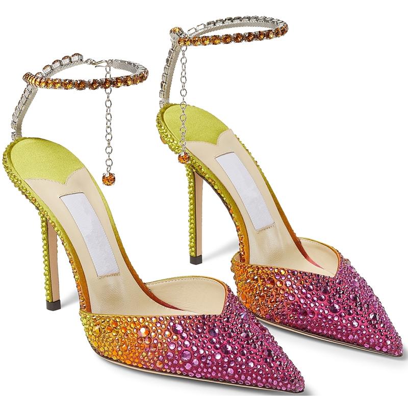 

Sandals Summer Women High Heel Rhinestone Chains Ankle Strap Sexy Bridal Evening Party Crystal Pointed Toe Shoes 34-CHC-26Sandals, Blue (heel 7cm)