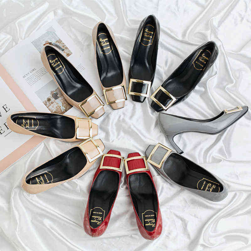 Rv métal boucle carrée boucle de brevet head talon moyen chaussures simples femmes automne banane rouge mariage