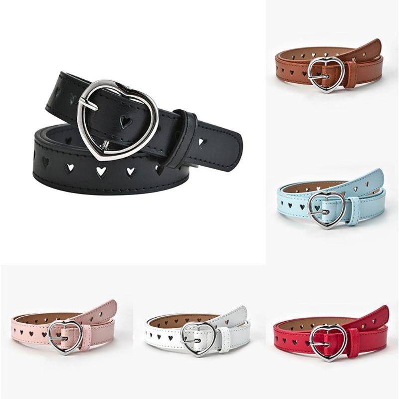 

Belts Unisex Faux Leather Belt Kids Cute Peach Heart Buckle For Women Girls Solid Waistband Love Eyelet Grommet Waist, Black