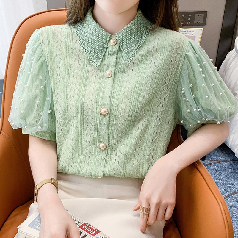 

Women' Blouses & Shirts Mesh Patchwork Button Blouse Green Turn-Down Collar Puff Sleeve Jacquard Lady Tops Pink Summer Short SleeveWomen