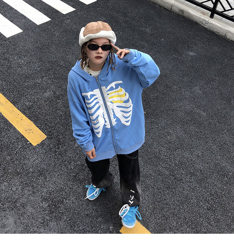 

Retro Zip Up Hoodies Women Harajuku Goth Skull Print Hooded Sweatshirt Grunge Y2K Long Sleeve Oversized Female Hoodie Streetwear, Black