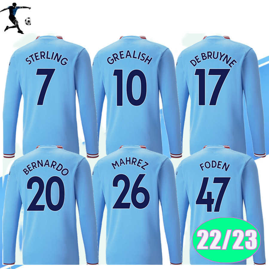 

2022 2023 STERLING GREALISH MAHREZ Long Sleeve Mens Soccer Jerseys RUBEN RODRIGO DE BRUYNE BERNARDO FODEN G. JESUS ZINCHENKO Home Away, 22 23 home patch 2