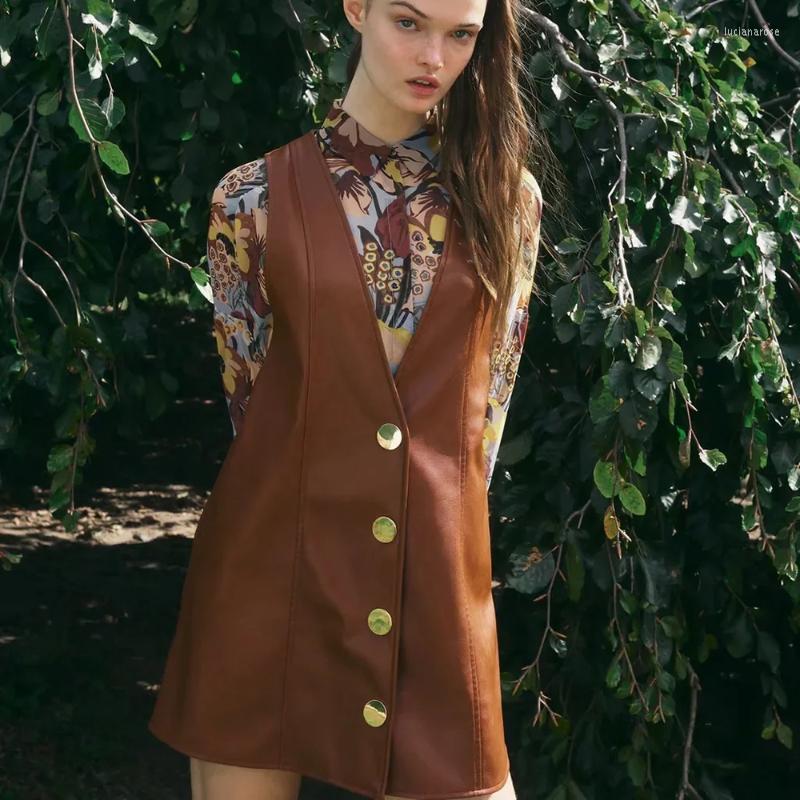 

Women's Vests Xikom 2022 Women PU Solid Vintage Casual Leather Dress Female Streetwear Slim V Neck Sleeveless Single-Breasted Mini Dresses L, Multi