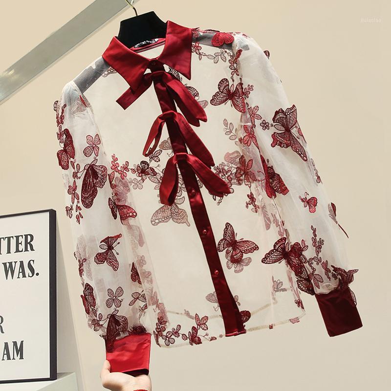 

Women Fashion Red Butterfly Embroidery Mesh Chiffon Blouse Long Sleeve Bowknot Shirts Female Spring 2022 Design Tops Women' Blouses, Red blouse