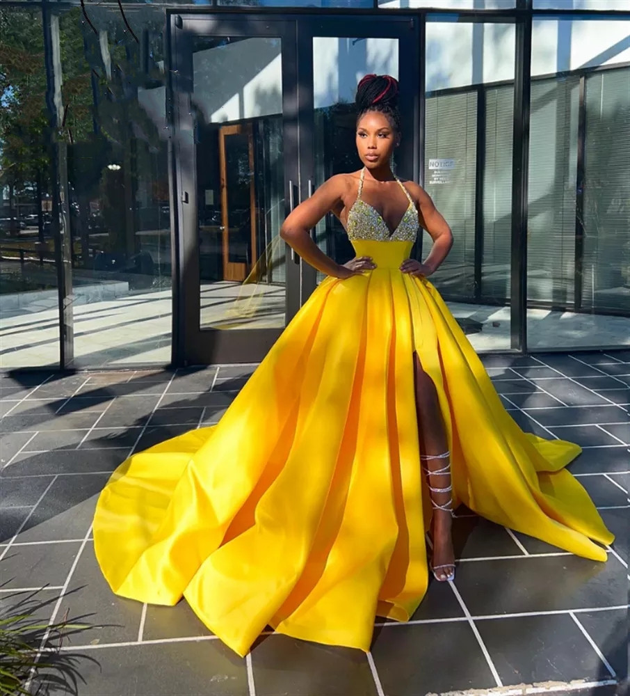 

Yellow Halter Long Prom Dress For Black Girls 2022 Beaded Evening Dresses Mermaid Birthday Party Gowns High Slit Robe De Soiree, Water melon
