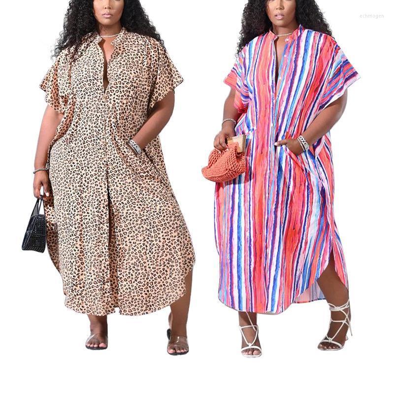 

Plus Size Dresses Dress Summer Beach Cover Up Blouse Button Leisure Vacation Coat Robe Women Stripes Leopard Print Short Sleeve Echm22
