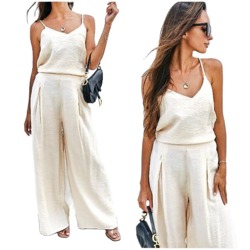 

Women' Two Piece Pants Summer Europe US Style Elegant Temperament Women Sexy Condole Belt Vest + Trousers 2 Casual Sets Black/Beige/Army Gr