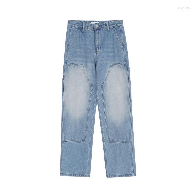 

Men' Jeans Men Pants High Street Vintage Distressed Wash Panel Straight-leg Plus Size Hip Hop Streetwear TrousersMen' Heat22, Blue