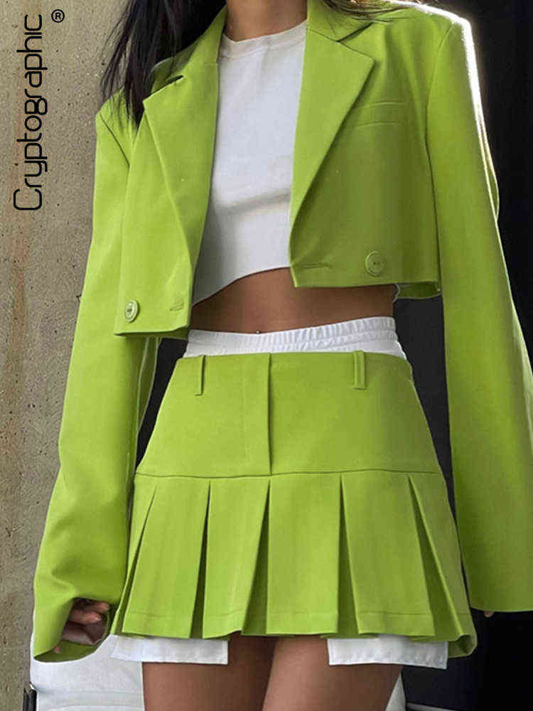 

Cryptographic Elegant Fashion Blazer Suit Two Piece Sets Sexy Outfits Matching Sets Long Sleeve Blazer and Skirt Set Clothes T220729, Green suit only