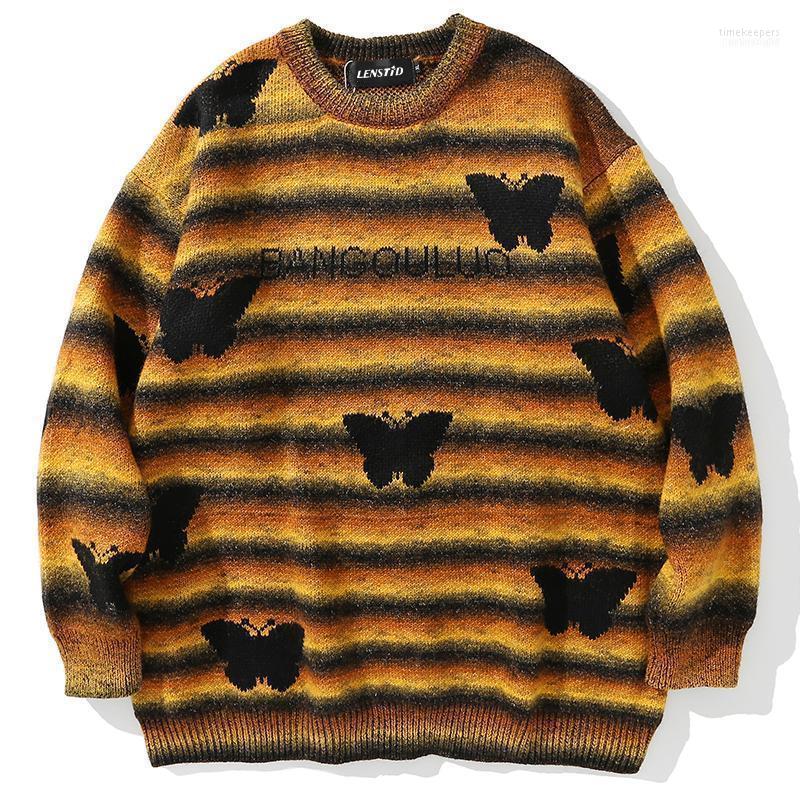 

Men Hip Hop Striped Knitted Jumper Sweaters Butterfly Full Print Streetwear Harajuku Casual Knitwear Pullovers Fashion Tops Men's Time22, Yellow