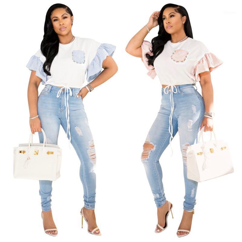 

Women' Blouses & Shirts 2022 Summer Personality Fashion Round Neck Lotus Leaf Sleeve Pearl Pocket Tether Short T-Shirt, Blue