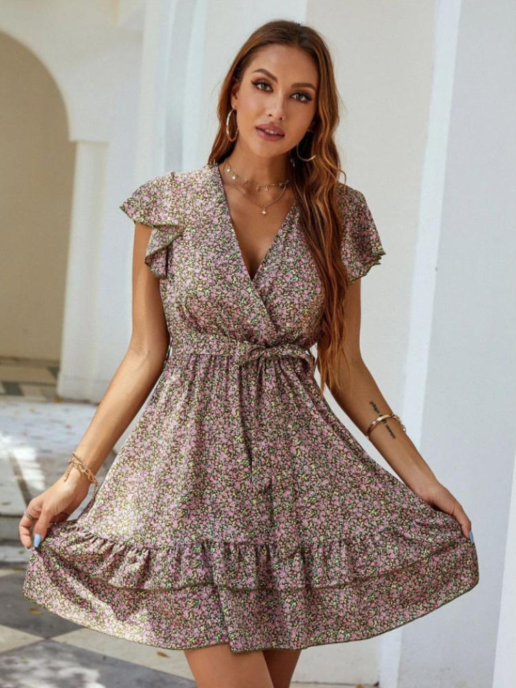 Robes décontractées LiTi Bohemian Small Floral Belt Pull à col en V pour femmes Robe à manches à volantsDécontracté