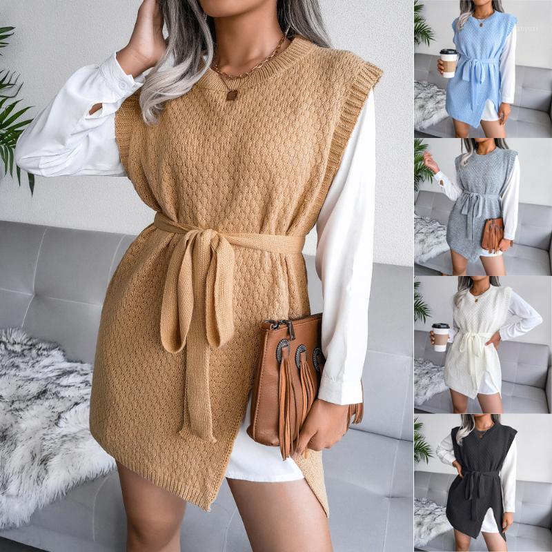 

Casual Dresses Autumn Winter Round Neck Lace-up Vest Sweater Knitted Dress Women Solid Elegant Vintge Sleeveless Irregular, Gray