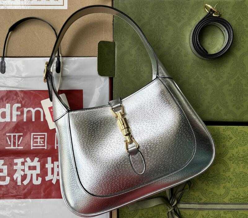 

Realfine Bags 5A 636709 27.5cm Jackies 1961 Small Tote Silver lame Leather Handbag Shoulder Purses For Women with Dust bag, Caviar quilted_05