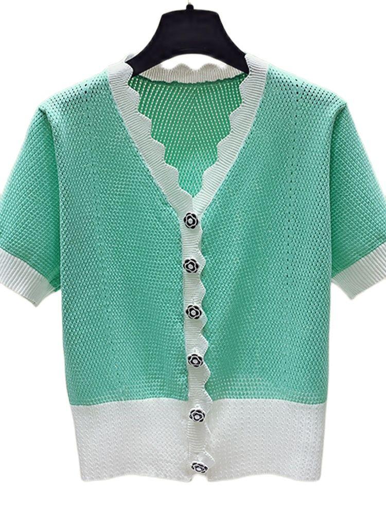 

Women's Knits & Tees Casual V-Neck Contrast Color Hollow Knitted Cardigan Thin Slim Fit Short-Sleeved Top 2022 Summer Fashion Women'S Cl, Green