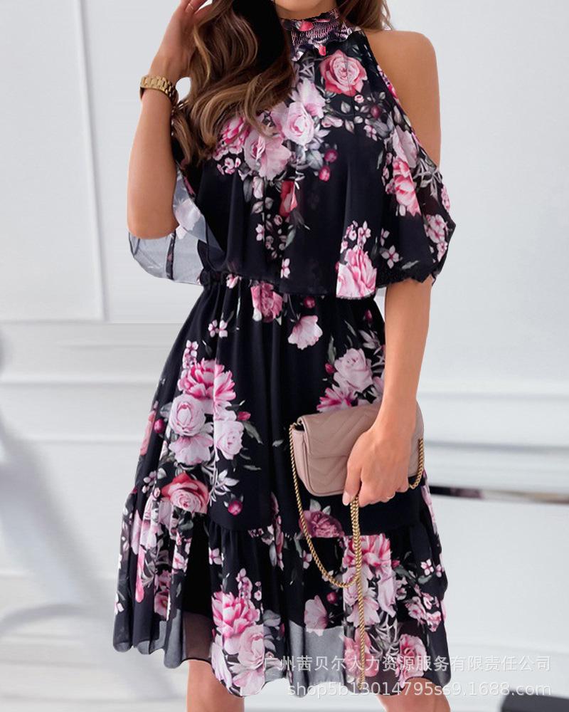 

Party Dresses Cold Shoulder Ruffle Hem Floral Print Casual 2022 Women Spring Summer Mini Dress Hollow Flower Printed DressParty, Black