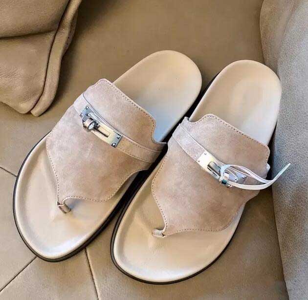 

Classic metal buckle women's sandals flip-flops flat soft leather summer new beach men's deerskin high quality leisure walking home beach luxury slippers, Grey
