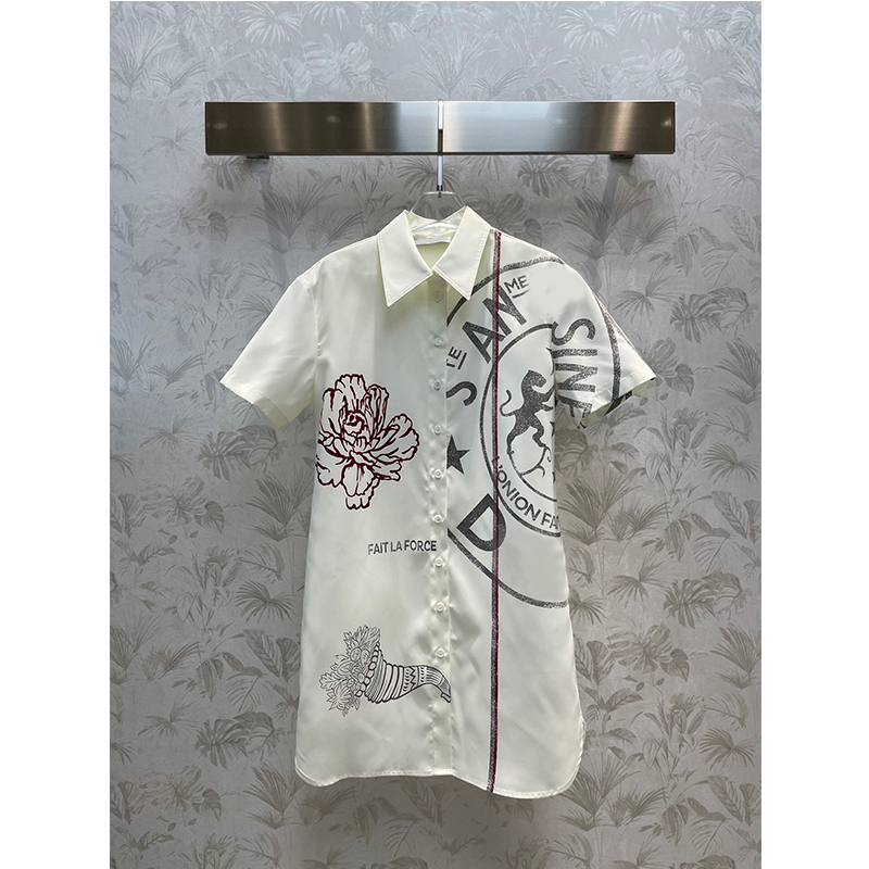 

2022 Women Summer Shirt Dress Casual Lady Print Short Sleeve Turn-Down Collar High Street Dress Elegant Fashion Dresses, White