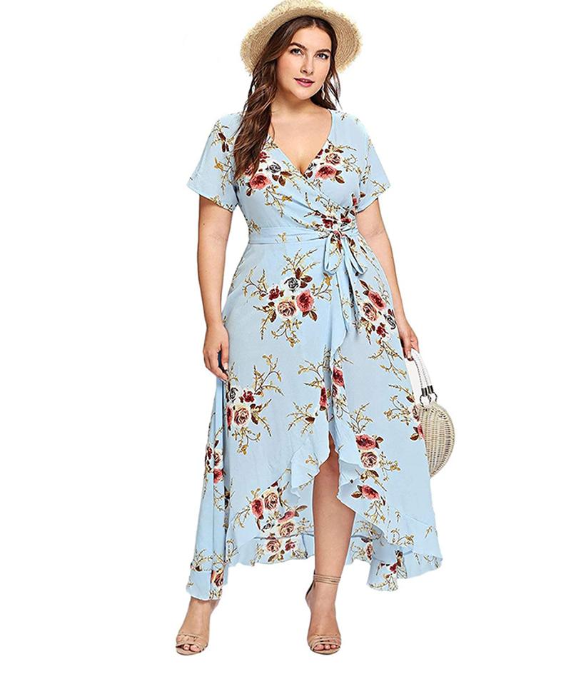 

Plus Size Dresses 5XL Women Empire Waist Asymmetrical High Low Bohemian Maxi Dress Floral Chiffon Flower Beach Summer Ropa MujerPlus, Black