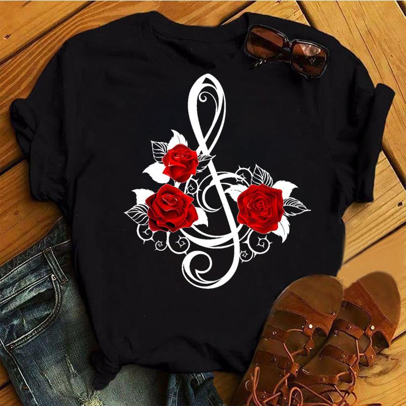 

Fashion Women Black T Shirt Red Rose Musical Note Printed Harajuku Cute Graphic Tee Female Ladies Casual Tops, Color6