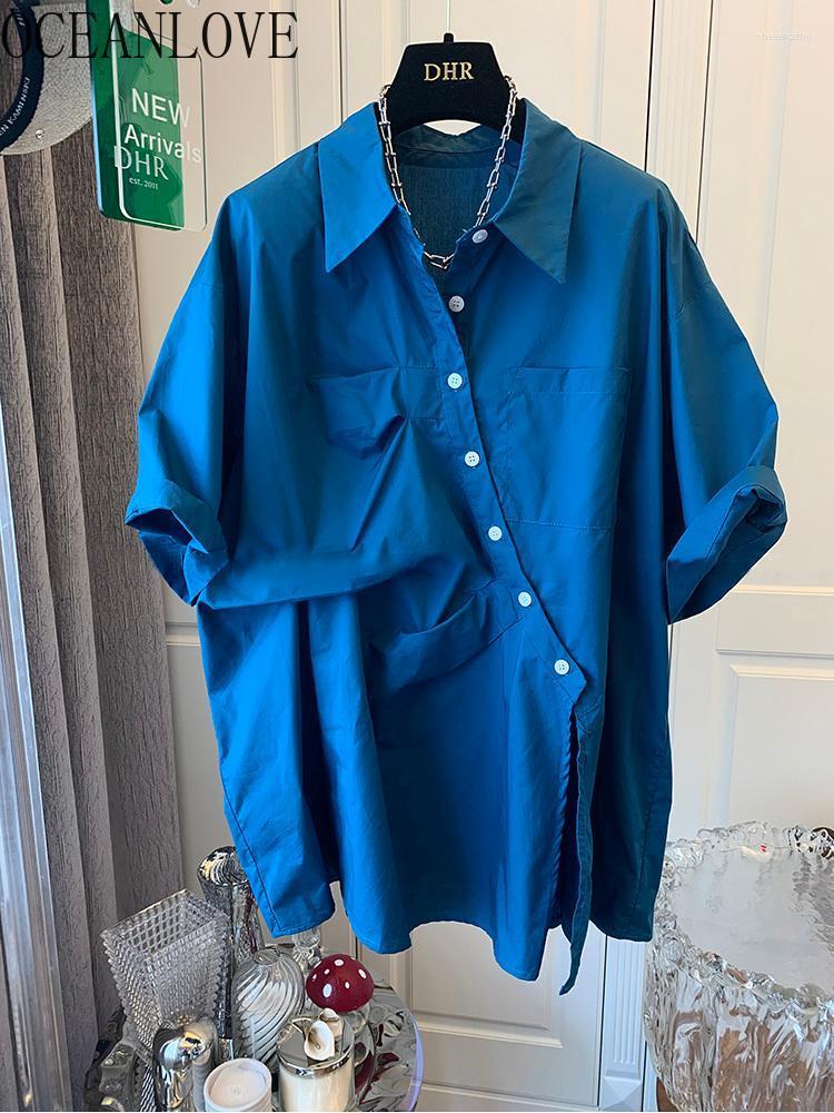 

Women's Blouses & Shirts Women Tops Solid Single Breasted Pleated Summer Loose Blusas Irregular Short Sleeve Vintage Ropa MujerWomen's Chee2, Khaki