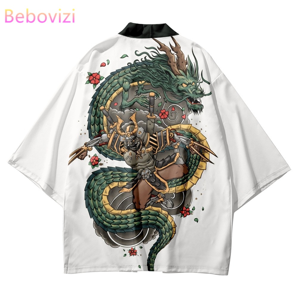 

Samurai Dragon Print White Shirts Traditional Kimono Men Women Beach Yukata Japanese Anime Cardigan Cosplay Haori Clothing