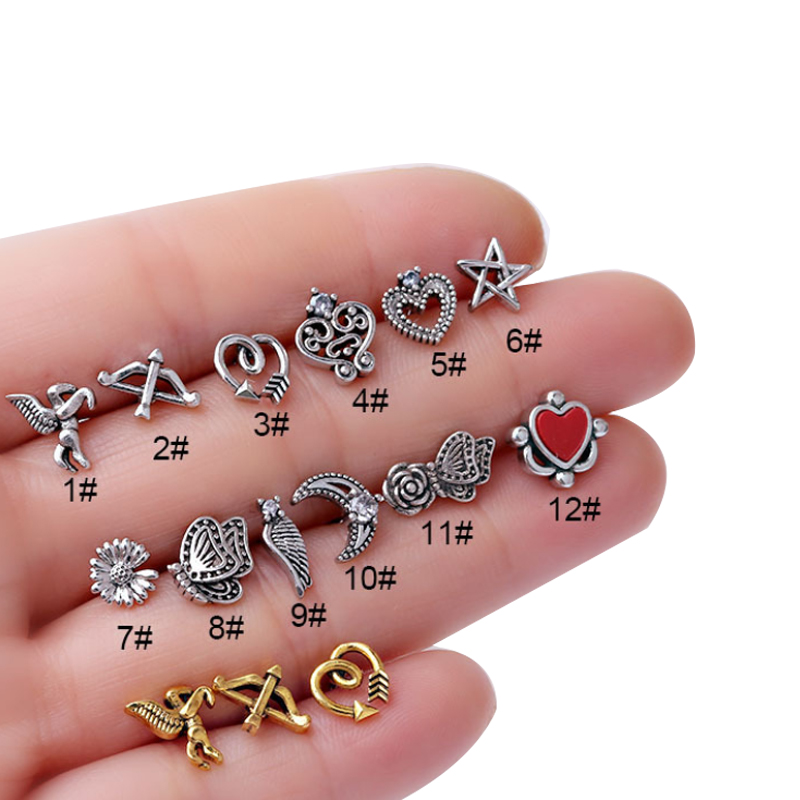 

Set of 12 Pcs 20G Retro Ear Cartilage Earrings Titanium Steel Body Piercing Jewerly For Women and Girls