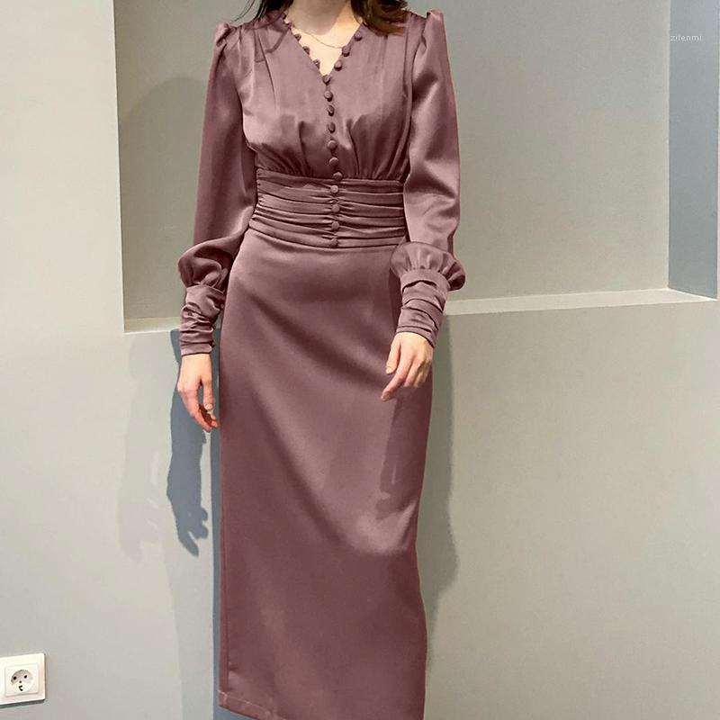 

Casual Dresses Ladies Satin High-waisted Dress Temperament V-neck Waist Slim-fit Single-breasted Elegant Long Skirt Tight-fitting Party Robe, Pink