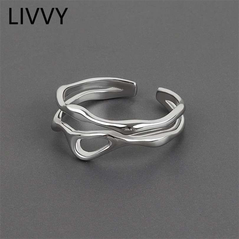 

LIVVY Silver Color Irregular Hollow Double Line Geometric Ring Female Simple Unique Design Fashion Adjustable Jewelry 220728
