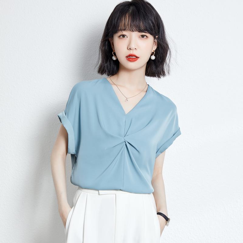 

Women' Blouses & Shirts French Fashion Women Clothing 2022 Summer Season Short Sleeve Women-blouses Pullover V-Neck Chiffon Casual Office L, Blue