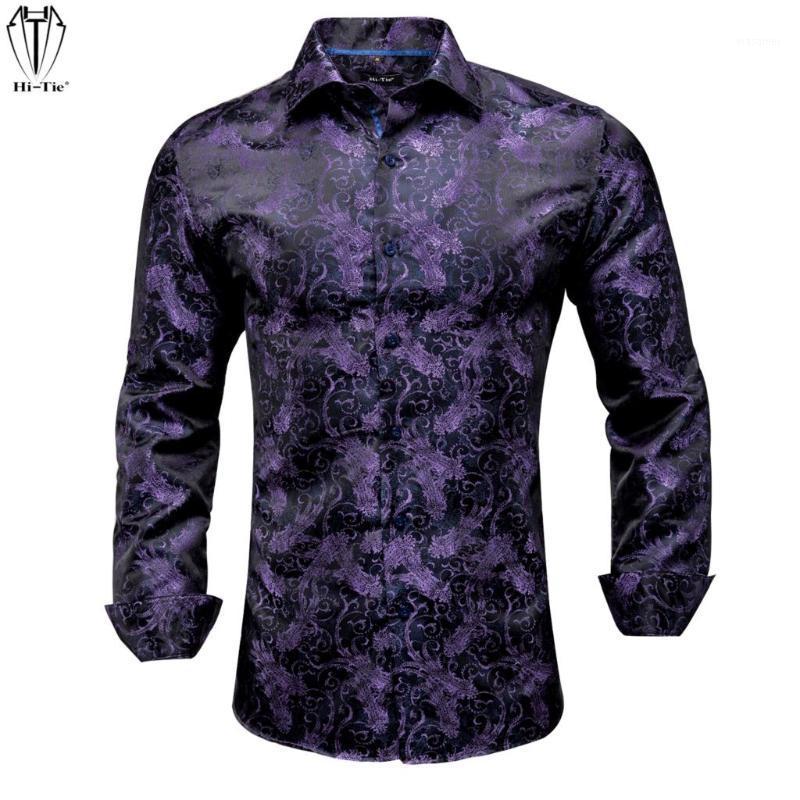 

Men' Casual Shirts Hi-Tie Silk Jacquard Mens Long Sleeve Purple Floral Men Shirt Slim Fit For Male Dress Jeans Wedding Business Gift, Gold