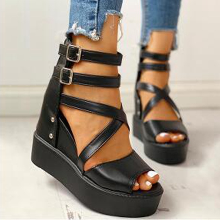 

Women solid color fish mouth Roman sandals female large size after zipper Romans Inner heightening heel, Black leather