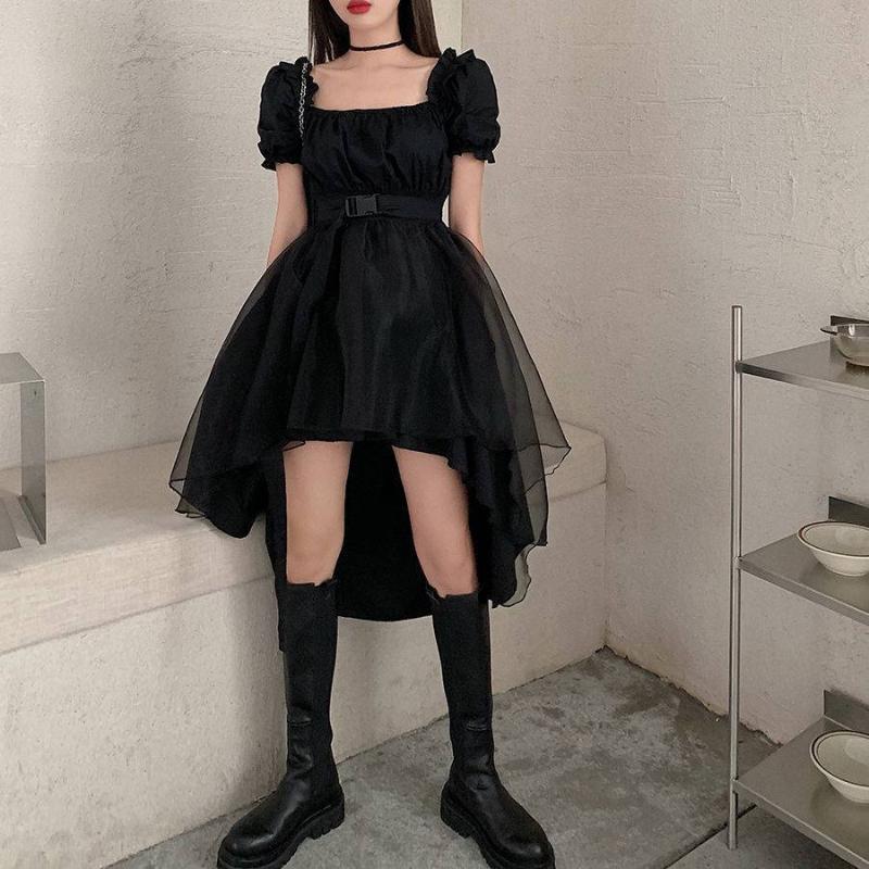 

Party Dresses Summer Dress Women Gothic Square Neck High Waist Puff Sleeves Net Yarn Fashion Irregular Lace Waistband Black DressParty, White