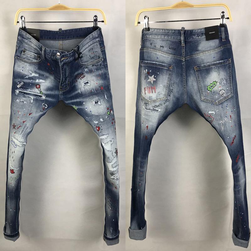 

Men's Jeans American Street Style Fashion Men Retro Blue Embroidery Beading Designer Ripped Printed Hip Hop Denim Punk Pants