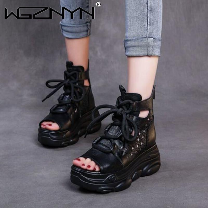 

Sandals Fashion Genuine PU Leather Zip Retro Shoes Women 2022 Summer Handmade Hollow-out Lace-up Casual Platform SandalsSandals