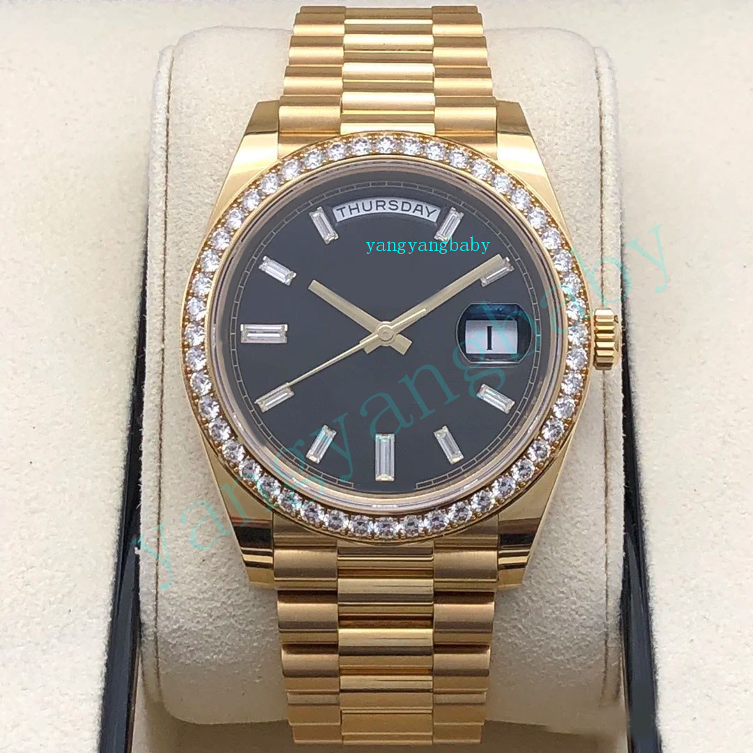 

With Box Papers Top Quality Watch 40mm Day-Date 18k Yellow Gold Diamond Bezel Japan Movement Automatic Mens Men's Watches