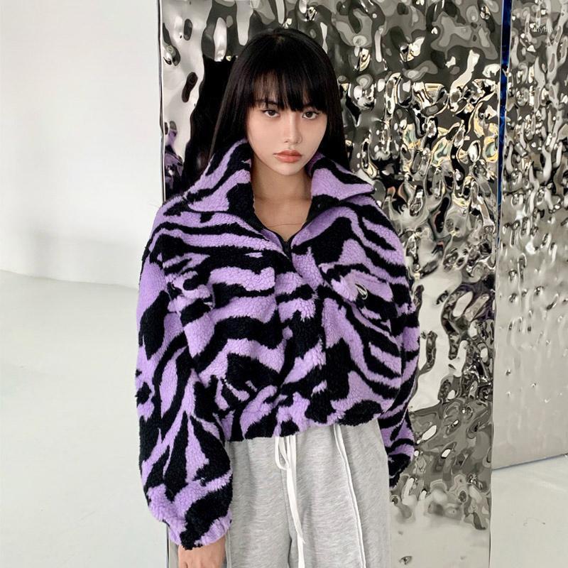 

Women's Jackets 2022 Y2k Streetwear Striped Lambwool Short Coat Women Harajuku Loose Zip Up Pockets Warm Jacket Long Sleeve Onesize Crop Coa, Purple