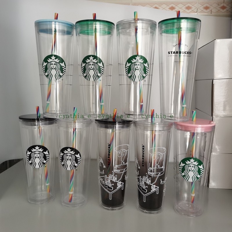 

24Oz Starbucks Grande Insulated Travel Tumbler Double Wall Acrylic Double-wall insulated Plastic Rainbow Straw cup, Customize
