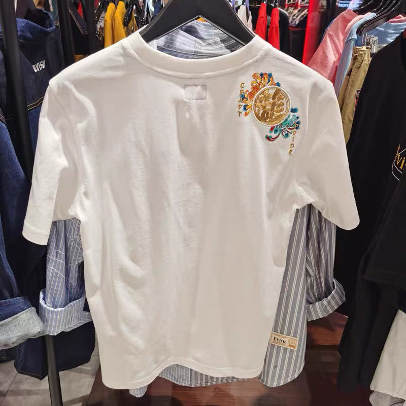 

Cotton Blessing God Brocade Embroidery Small M Seagull Round Neck Short-sleeved T-shirt Men and Women Loose Top, Black