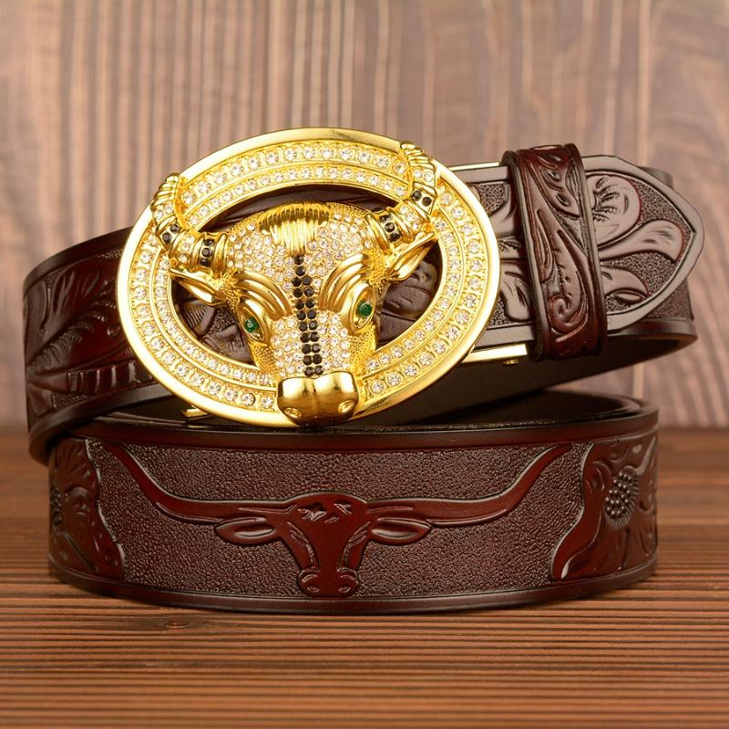 

Belts Fashion Men Leather Belt Cowboy Luxury Genuine Dress Cow Bull Head Pattern Automatic Buckle Cowskin For MenBelts, Black