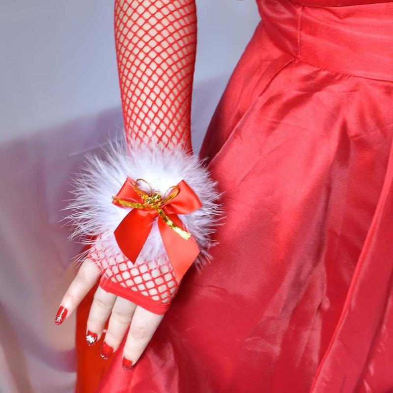 

Five Fingers Gloves Golden Velvet With White Furry Feather Red Fishnet Mittens Full-fingers Christmas Costume Accessories