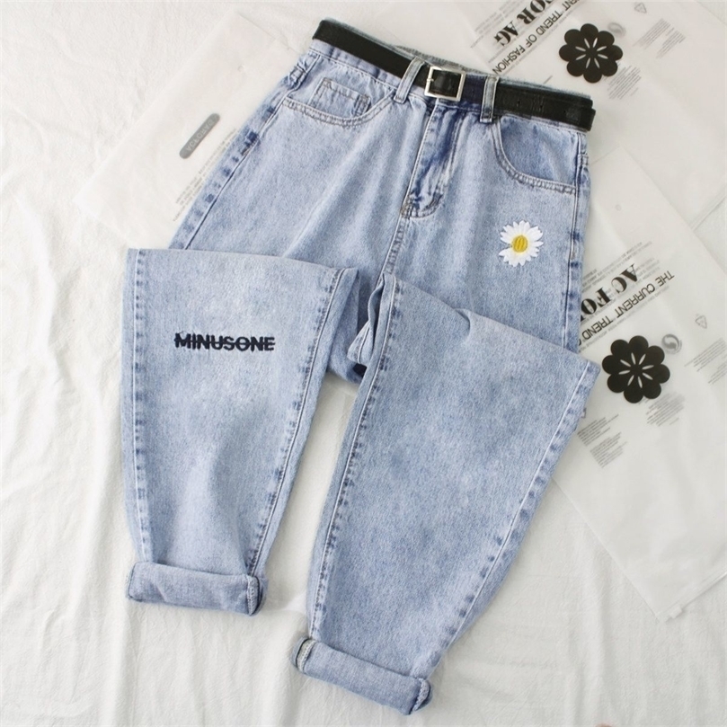 

Daisy Embroidery Denim Jean Women High Waist Jeans Plus Size Harem Trousers Mujer Vintage Casual Straight Pant 220402, Light blue