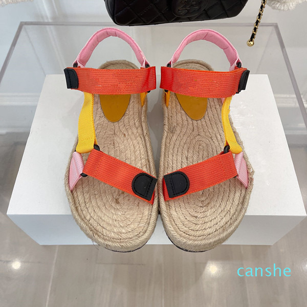 Mode-été plat Velcro sandales femme mode semelle de paille décontracté tissé tissu plage chaussures Colorblock rayures fuite orteil pour dames