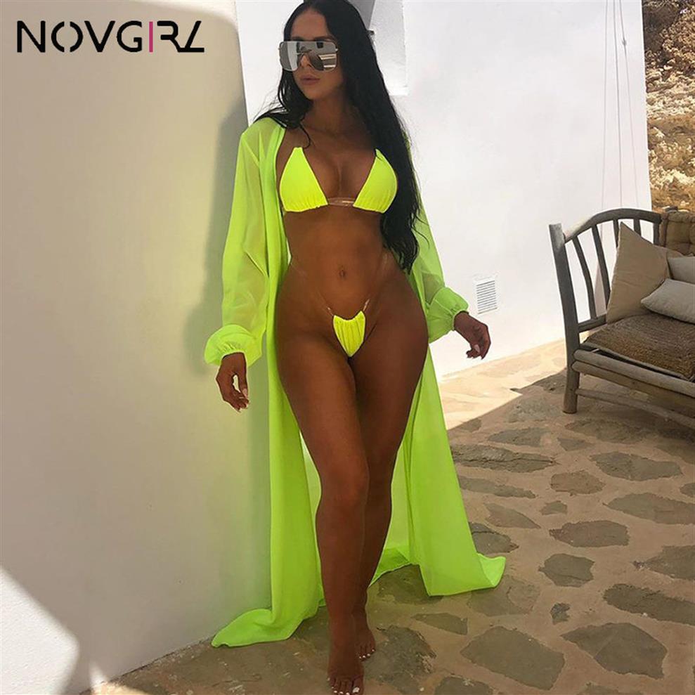 

novgirl fashion 3 piece set bikini women summer transparent strap swimwear and long chiffon cover up outfit beach suit neon294J, Neon green