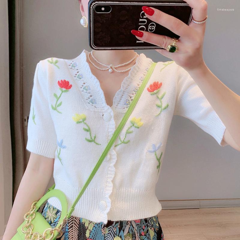 

Women's Knits & Tees Summer V Neck Crop Top Ladies Knitted Short Sleeve T Shirt Girl Fashion Floral Embroidery Women Clothing Slim Sweet Swe