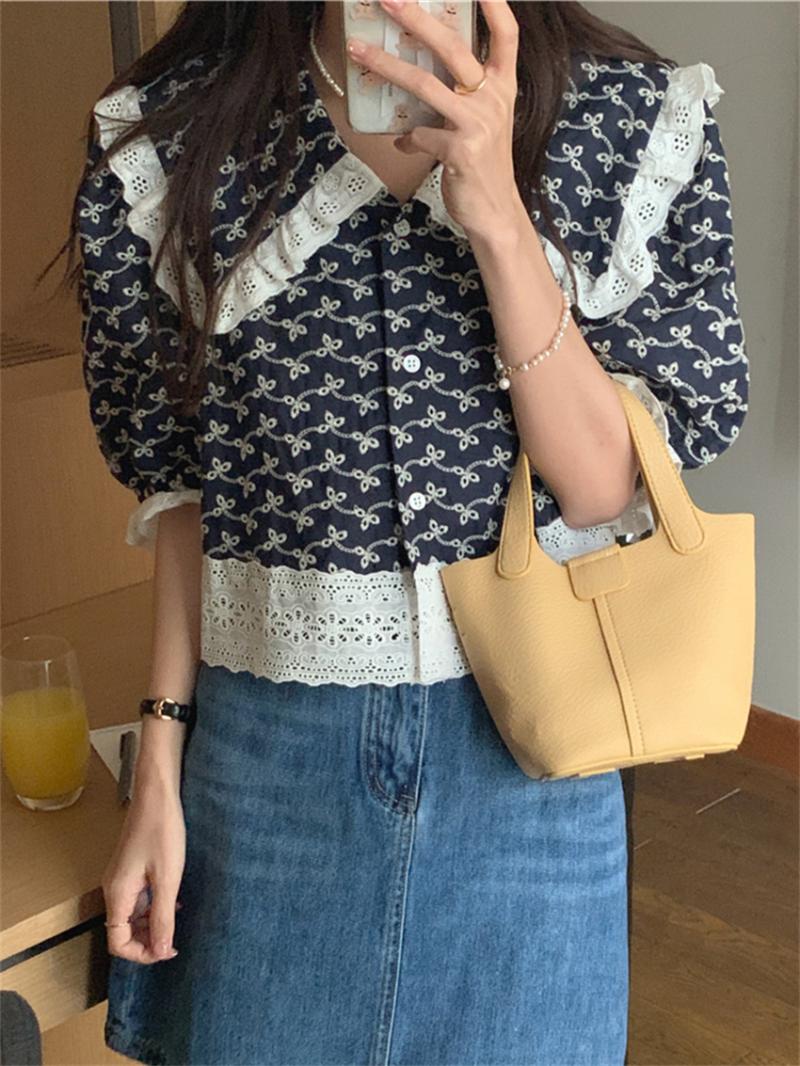 

Women's Blouses & Shirts Alien Kitty Retro Women Lace Patchwork Puff Sleeve Summer Florals Embroidery Chic All Match Slim-Fit Sweet MujerWom, Blue