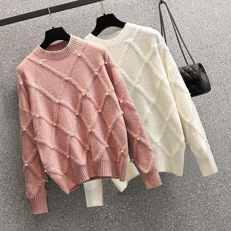 

Women's Sweaters White Pink Sweet Bead Plus Large Size Oversize Korean Style Fashion Pullovers For Autumn Clothing Ladies 2022 Mari22