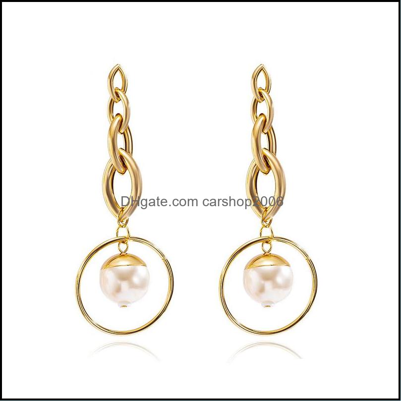 

Charm Earrings Jewelry Retro Metal Long Imitation Pearl Bohemian Personality Irregar Geometric Shapes Big Round Chain Earring Women Gold Pen