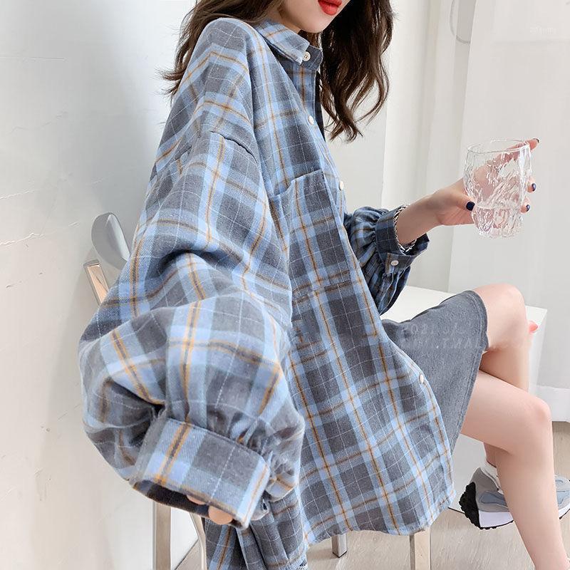 

Women' Blouses & Shirts HOUZHOU Korean Style Plaid Classic Women Daily All-match Lantern Sleeve Oversize Harajuku Blouse Female Cotton Chic, Blue